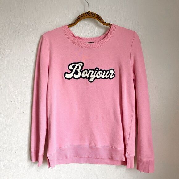 Talbots Bonjour Pink Cotton Sweatshirt Women's Small Terry Embroidered French - Picture 1 of 8